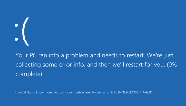 Ecranul albastru de eroare din Windows 10, cu mesajul de repornire