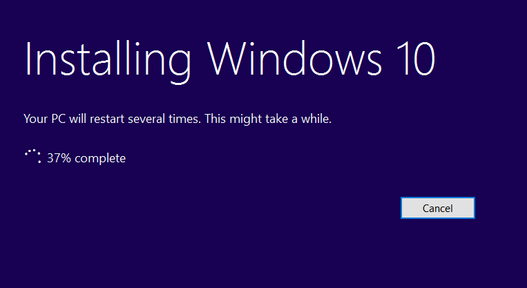 Ecranul de instalare Windows 10, oprit la 37 la suta